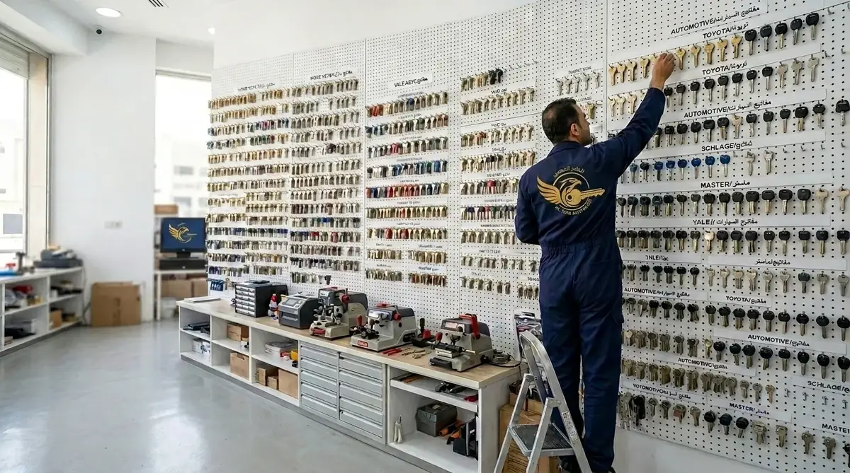 Key blank inventory at Al Tair Althahbi Key Cutting, Madinat Zayed